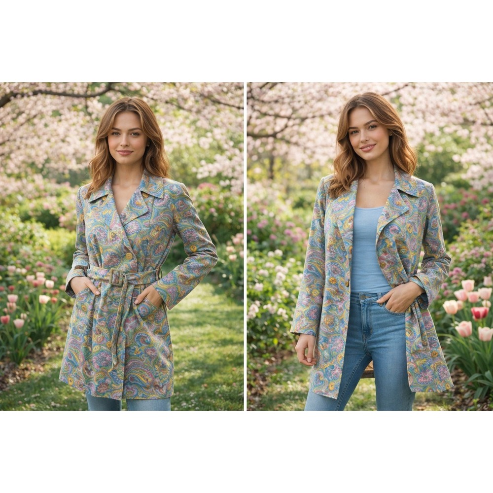IZOD Womens Paisley Trench Coat Blue Yellow Pink Belted Double Breasted Jacket